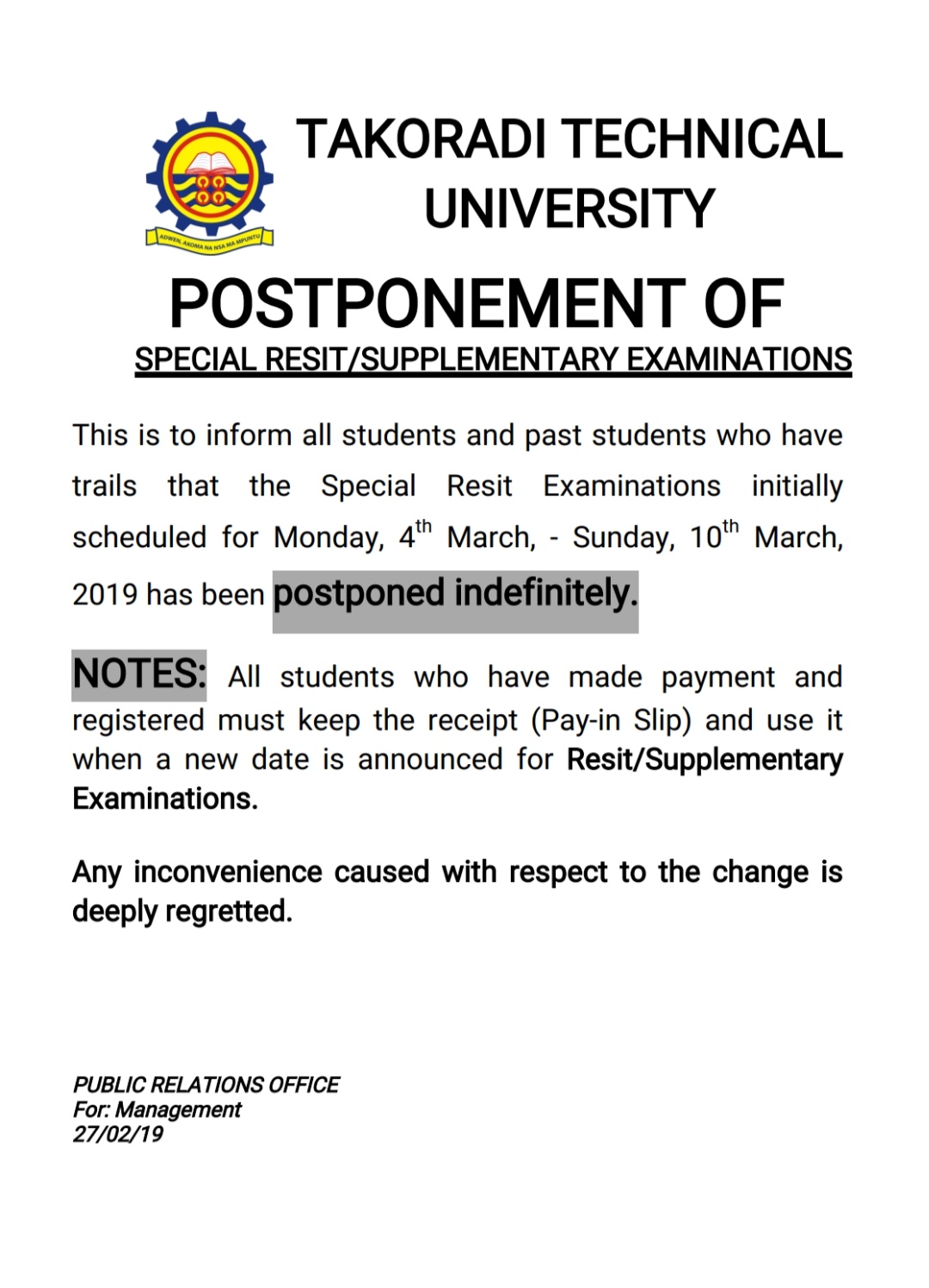 TTU Special Resit And Supplementary Exams 2019 Postponed Sns-Brigh10