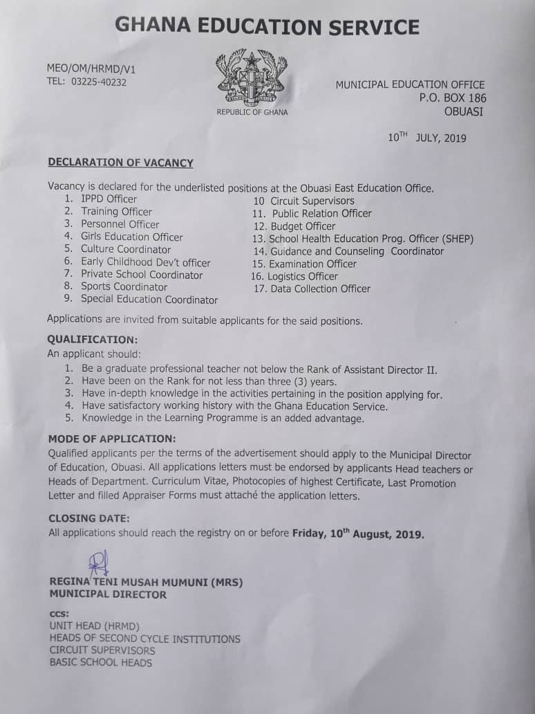 sample application letter to ghana education service